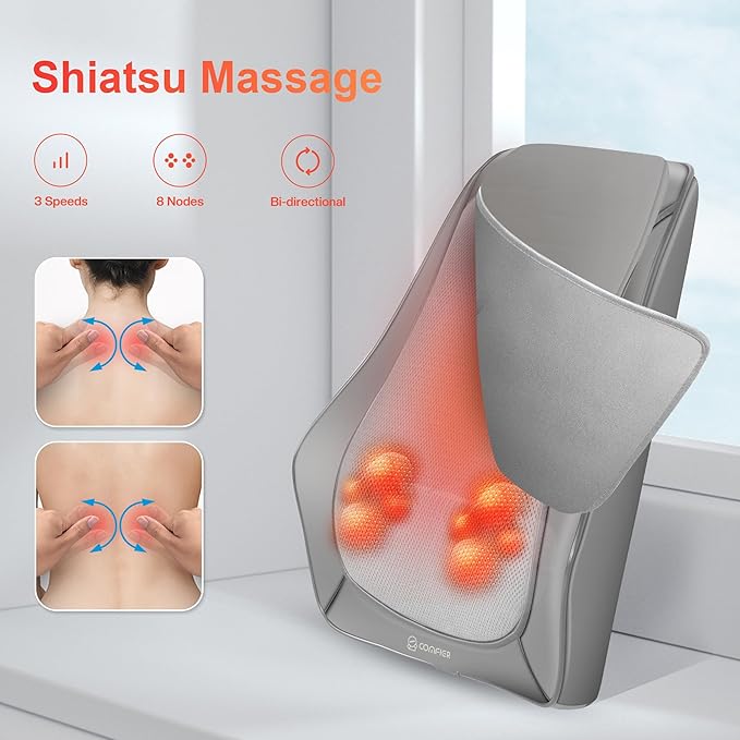 COMFIER Shiatsu Neck and Back Massager with Heat & Vibration, 3D Deep Kneading Back Massage for Pain Relief, Home Office Use,Gift for Her/Him,Gray