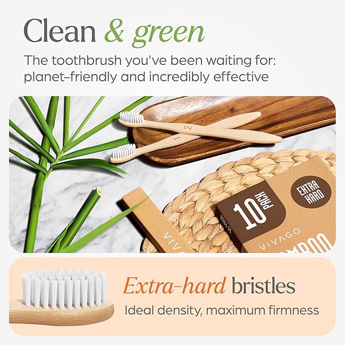 Extra Hard Toothbrushes for Adults - 10 Pack - BPA Free Hard Bristle Toothbrush - Extra Firm Bamboo Toothbrushes