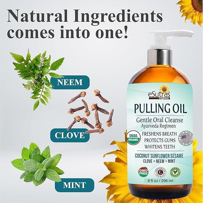 eSutras Pulling Oil Herbal Mouthwash Powerful Coconut Sesame Sunflower Oils + Essential Oils, Mint Clove Whitens Teeth Refreshes Breath Strengthens Gums