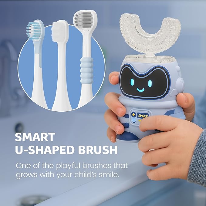 Well Before Kids U Shaped Electric Toothbrush with 5 Brush Heads, Ultrasonic, 5 Modes, IPX7 Waterproof Design (Spaceman, Blue Ages 2-7)