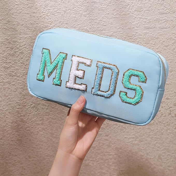Personalized Chenille Letter Patch MEDS Bag,Cute Nylon Drug Medicine Travel Makeup Bag with Zipper, Preppy Vitamin Organizer Bag for Women and Girls (05Light Blue)