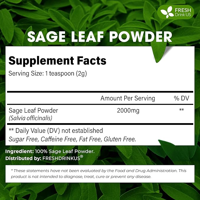 FreshDrinkUS, Sage Leaf Powder 8oz – Premium Culinary Herb, Pure Ground Sage Leaves for Cooking, Baking & Herbal Infusions – Resealable Pouch