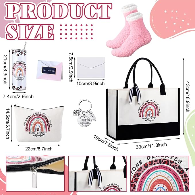 Geiserailie 8 Pcs Christmas Speech Language Pathologist Gifts for Women Including Large Speech Therapy Tote Bag Cosmetic Bags Tumbler Cup Plush Socks Keychain Card and Envelope for Slp Thank You Gifts