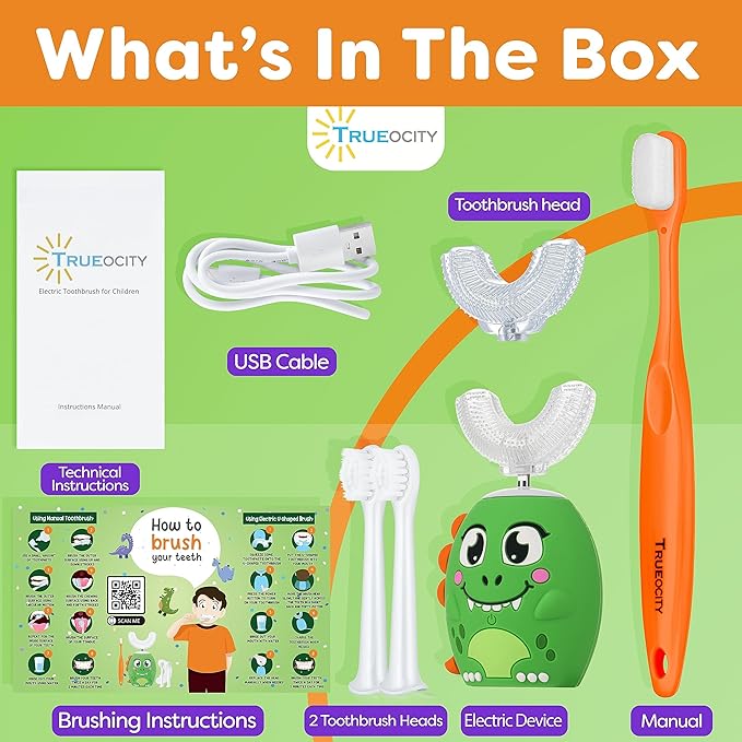 Trueocity Kids U Shape Toothbrush Auto Electric Toddler Rechargeable Kids Automatic Toothbrush | 360° U-Shaped Silicone Brush Head | Gentle Cleaning for Ages 2–7 | Dinosaur Design (Green)