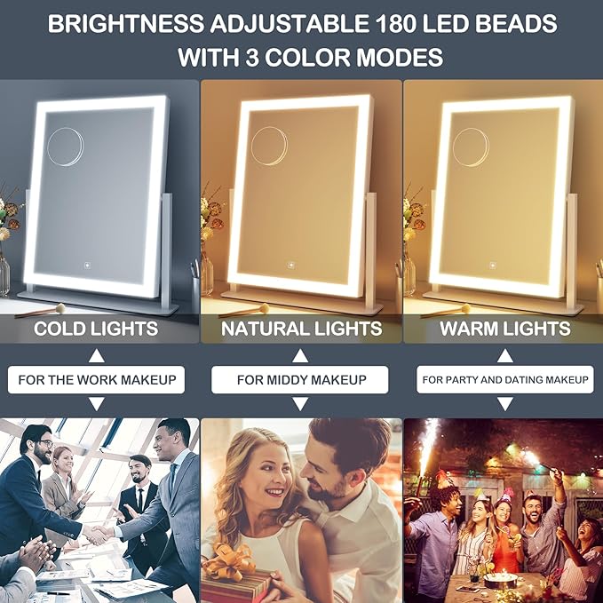 Makeup Vanity Mirror with Lights 17.2" Large LED Lighted Mirror, Hollywood Make Up Mirror with Lighting, Smart Touch,Detachable 5X Magnification 360° Rotation, (Gold,Gift Box)