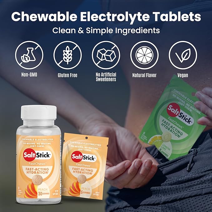 SaltStick Electrolyte FastChews - 120 Peach Chewable Electrolyte Tablets - Electrolyte Chews, Salt Tablets - 12 Packets, 10 Tablets Each