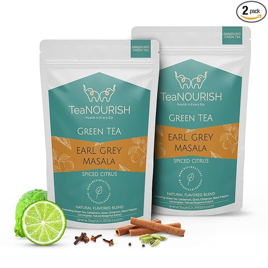 TeaNOURISH Earl Grey Masala Green Tea | Spiced Citrus | Darjeeling Loose Tea | Blended with Indian Aromatic Spices enriched with Bergamot extract - 3.53oz/100g (Pack of 2)