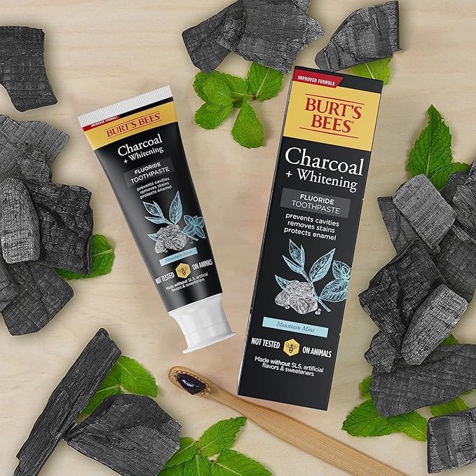Burt's Bees Toothpaste, Natural Flavor, Charcoal with Fluoride Toothpaste, Mountain Mint, 3 x 4.7oz