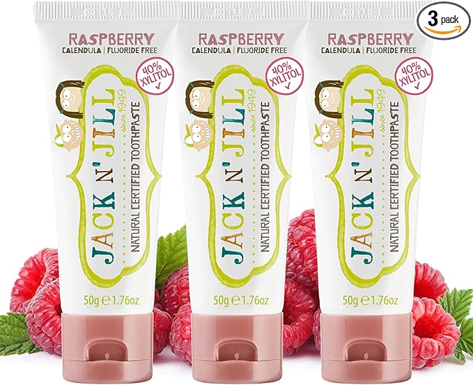 Jack N' Jill Natural Toddler Toothpaste - Fluoride Free Training Toothpaste for Toddlers 1-3, 40% Xylitol, BPA Free - Raspberry, 1.76 oz (Pack of 3)