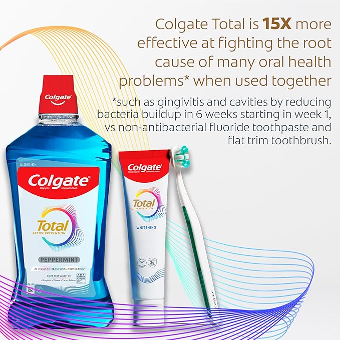 Colgate Total Alcohol Free Mouthwash, Peppermint for Bad Breath, Helps Prevent Gingivitis and Plaque, 3 Pack, 33.8 Oz Each