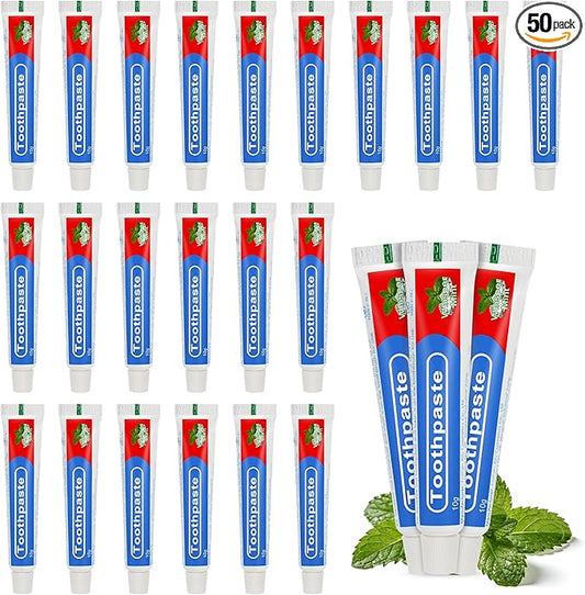 Travel Toothpaste Bulk, 10g/0.35oz Red & Blue Disposable Toothpaste Suitable for Hotels, Camping, Guests, Homeless Individuals, Charities (50-Pack)