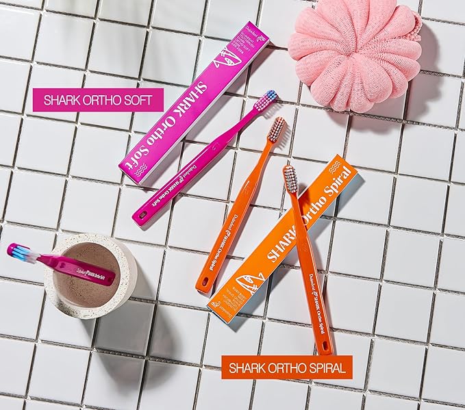 Orthodontic Toothbrush for Braces [4 Packs][Made in Korea] V Trim Cutting American Bristles Braces Toothbrush for Brackets and Wires Cleaning (Shark Ortho Soft, 4 Pack)