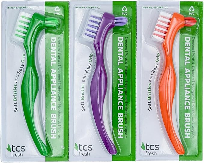 Soft Bristle Denture Brushes (Pack of 6) Dual Head Denture Brush for Dental Appliances - Dental Brush with Handle and Two Heads for Dentures, Retainers, Partial Dentures, Aligners, Mouthguards