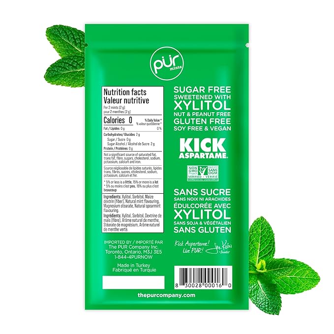 PUR Mints | Aspartame Free Breath Mints | Made with Xylitol | Sugar Free, Vegan, Gluten Free | Natural Spearmint Flavor | 65 Pieces in Re-Sealable pouch (Pack of 3)