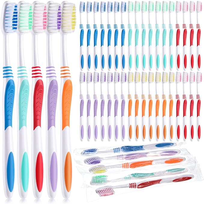 100 Pieces Individually Wrapped Toothbrushes Manual Disposable Travel Toothbrush Medium Soft Bristle Tooth Brush Travel Toothbrushes for Hotel, Guest, Adults, Kids, Multi Color