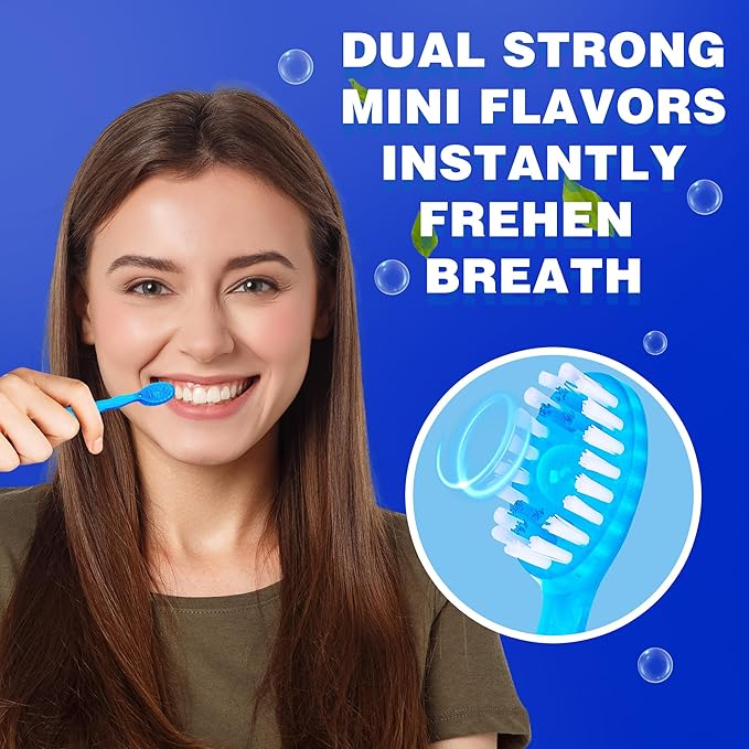 5 in 1 Mini Brushes-Disposable Toothbrushes with Toothpaste + Floss + Pick + Tongue Scraper | Travel Size | Individually Wrapped | Soft | Mint | Travel Set (Peach, 26 pcs)