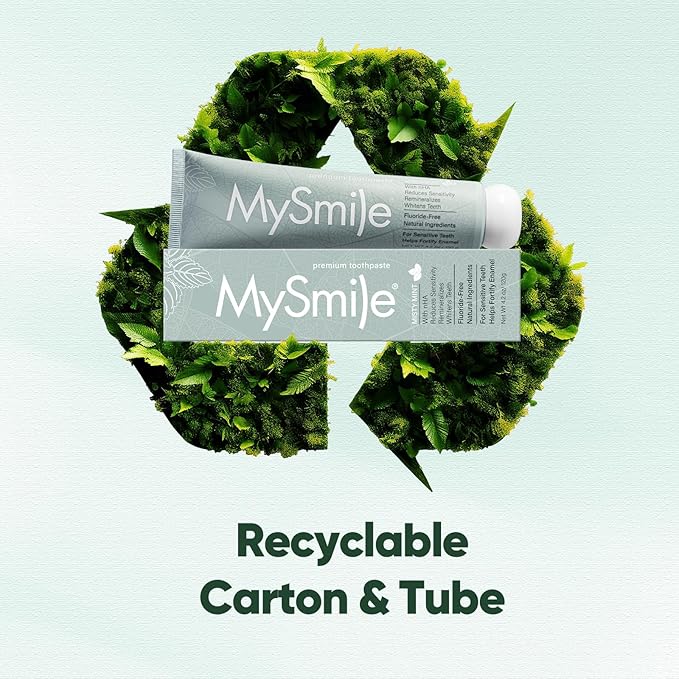 MySmile Fluoride Free Nano Hydroxyapatite Toothpaste for Sensitive Teeth, Strengthens Enamel, Remineralizes & Whitens Teeth, Freshens Breath for Adults, SLS Free, Natural Misty Mint, 4.2 oz, 2 Pack