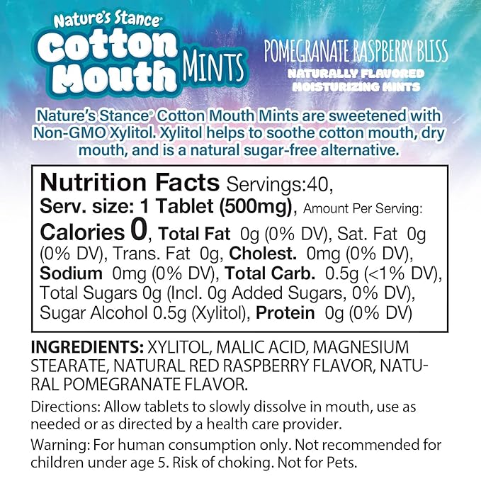 Nature's Stance Xylitol Mints for Cotton Mouth Relief, Dry Mouth Lozenges Sugar Free, Mouth Watering Mints - Stimulates Saliva & Freshens Breath, 40 Count (Pomegranate Raspberry Bliss)