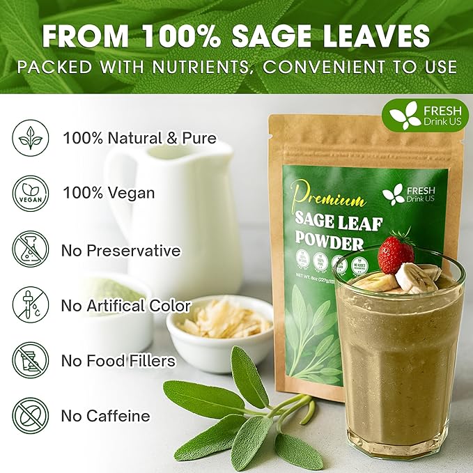 FreshDrinkUS, Sage Leaf Powder 8oz – Premium Culinary Herb, Pure Ground Sage Leaves for Cooking, Baking & Herbal Infusions – Resealable Pouch