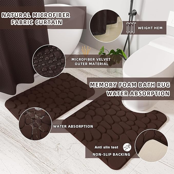 Bathroom Accessories Set - 25PC Bathroom Sets with Shower Curtain and Rugs, Brown Bathroom Accessories, Bathroom Accessory Set, Brown Shower Curtain Set, Trash Can & Soap Dispenser