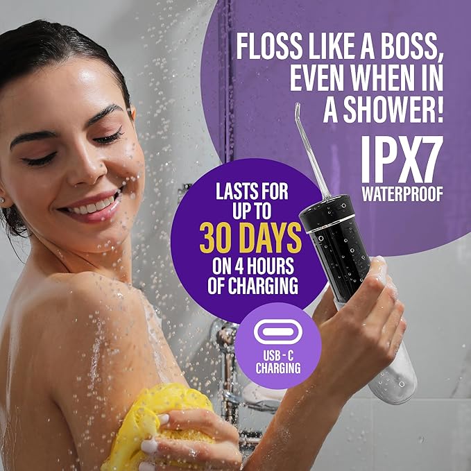 GuruNanda Compact Water Dental Flosser, Portable Travel Size Oral Irrigator Flosser with Collapsible 180 ml Tank, Smart Timer, 4 Flossing Modes, TSA-Approved - Black