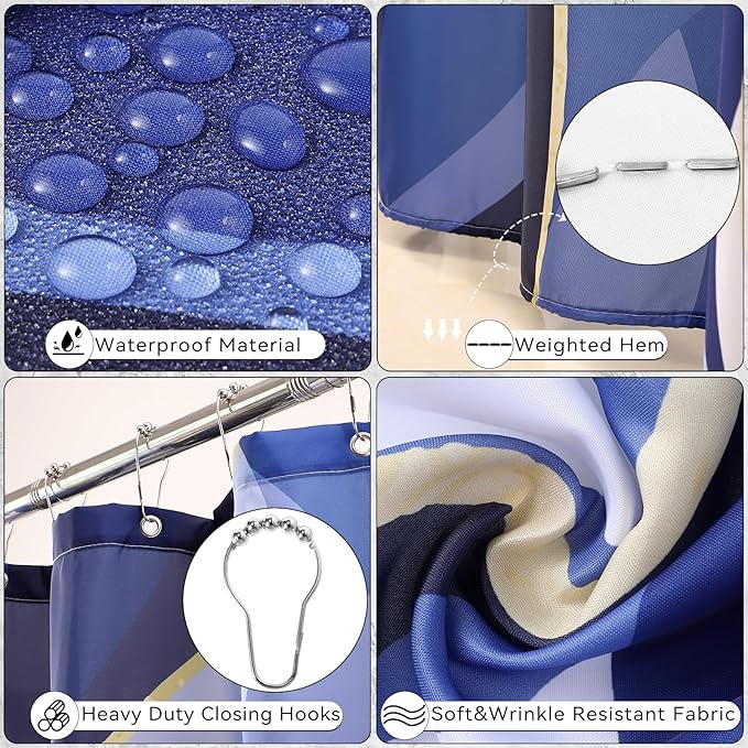 Bathroom Set - Blue and Gold Bathroom Accessories, Bathroom Sets with Shower Curtain and Rugs, Navy Blue Shower Curtain Set with Bathroom Trash Can, Soap Dispenser, Soap Dish for Home Decor