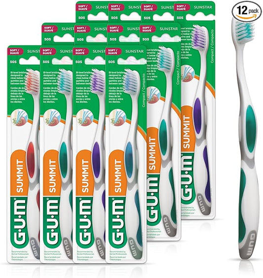 GUM Summit+ Soft Toothbrush, Ultra Fine Tapered Bristles for More Effective Plaque Removal, Extra Soft Toothbrushes for Adults, 12 Count