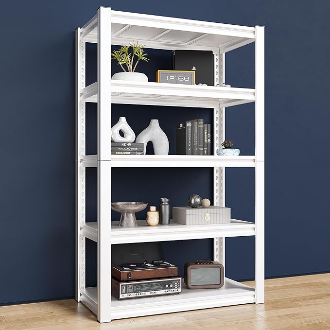 Raybee Garage Shelving Heavy Duty White Garage Storage Shelves 2010LBS Adjustable Heavy Duty Metal Shelving 5 Tier Metal Shelves for Kitchen Pantry 63" X 32.1" X16.6", 2 Pack