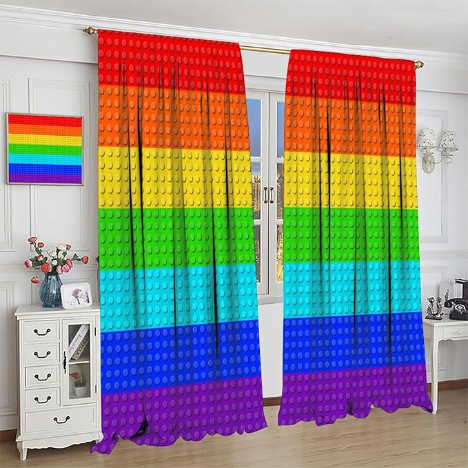 Colorful Building Block Toy Curtain Rod Pocket Children's Nursery Rainbow Contour Plastic Toy Brick Geometric Print Pattern Curtain Boys Girls Bedroom Playroom 2 Panels 55x63in