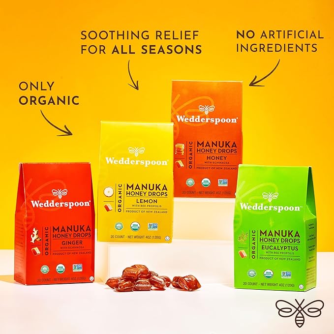Wedderspoon Organic Manuka Honey Drops, Eucalyptus & Bee Propolis, 20 Count (4oz) (Pack of 2)| Genuine New Zealand Honey | Perfect Remedy for Dry Throats