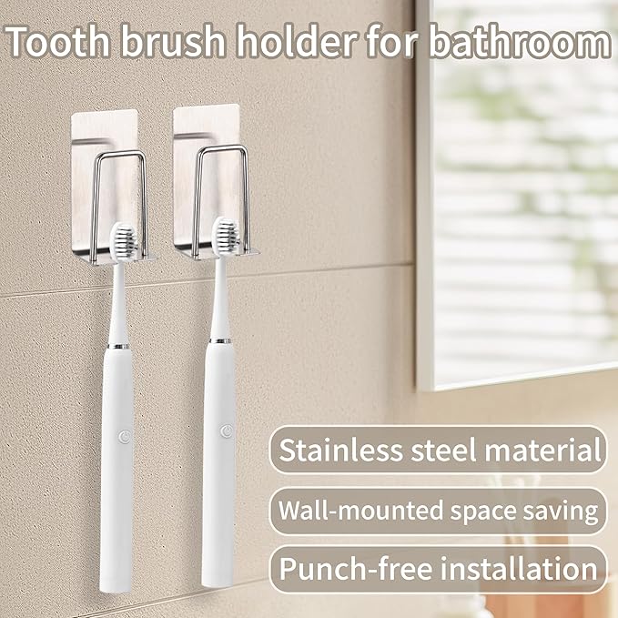 Yagoo 4 Pcs Adhesive Toothbrush Holders，304 Stainless Steel Toothbrush Holders Wall Mounted Electric Toothbrush Holder for Bathrooms Accessories (4, Silver)