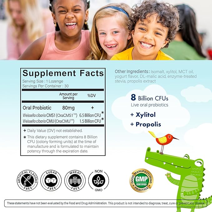OraTicx Kids Dental Probiotics for Anti-Cavity + Healthy Teeth and Gums, 8 Billion CFU Probiotics for Oral Health, Yogurt Flavor 1-PK