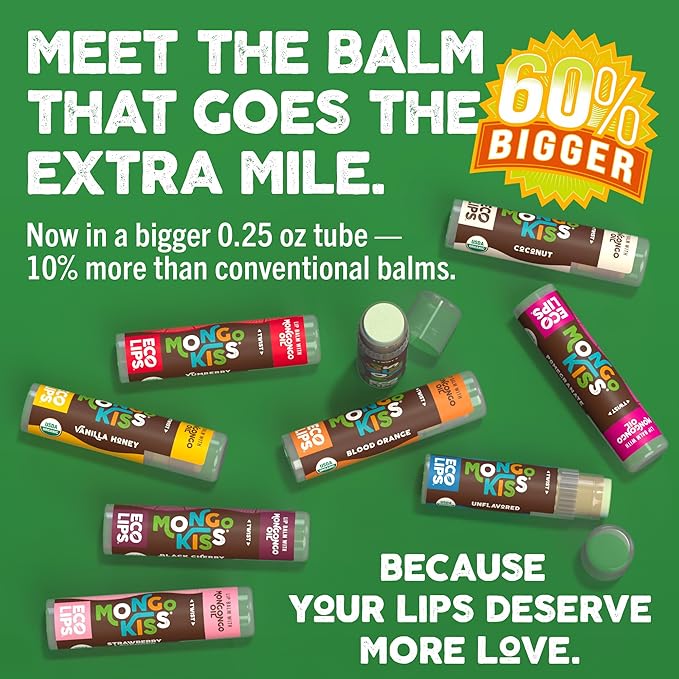 Eco Lips Mongo Kiss Organic Lip Balm 7 Pack - Blood Orange, Black Cherry, Pomegranate, Vanilla Honey, Peppermint, Strawberry Lavender, Yumberry | Mongongo Oil to Soothe & Moisturize Dry, Cracked Lips