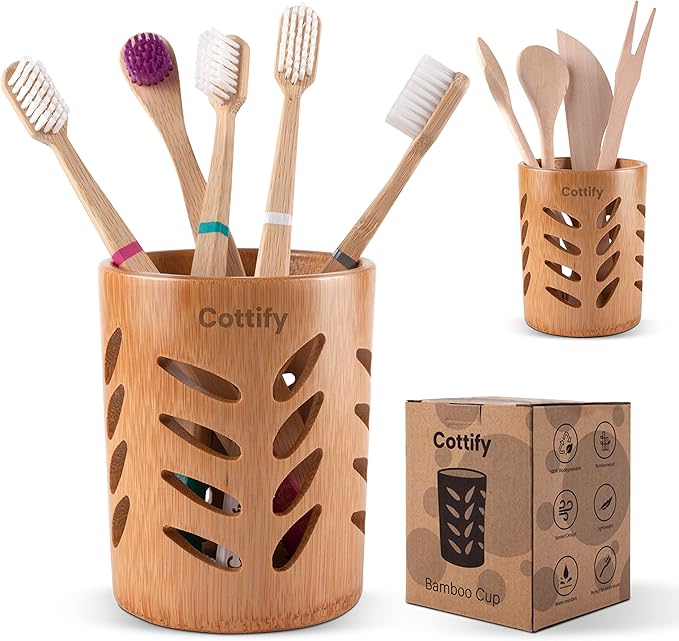 2-Pack of Eco-Friendly Bamboo Toothbrush Holders - Sustainable, Single Piece Wood Design with Drainage - Toothbrush Holders for Bathrooms - Functional, Well-Vented Bamboo Toothbrush Holder Set of 2