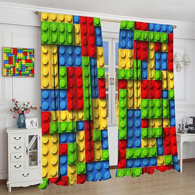 Kids Building Blocks Toy Curtains for Kids Room W72 x L63 Inch Rod Pocket Contour Plastic Colorful Toy Bricks Geometric Print Pattern Curtains for Boys Girls Bedroom 2 Panels