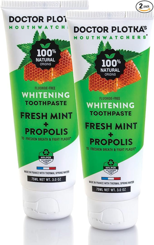 MOUTHWATCHERS Whitening Fluoride Free Naturally Sourced Toothpaste, 2 Tubes, 3 oz Each, for Sensitive Teeth and Gums, Organic, SLS Free, Fresh Mint and Organic Propolis, by Dr. Plotka's