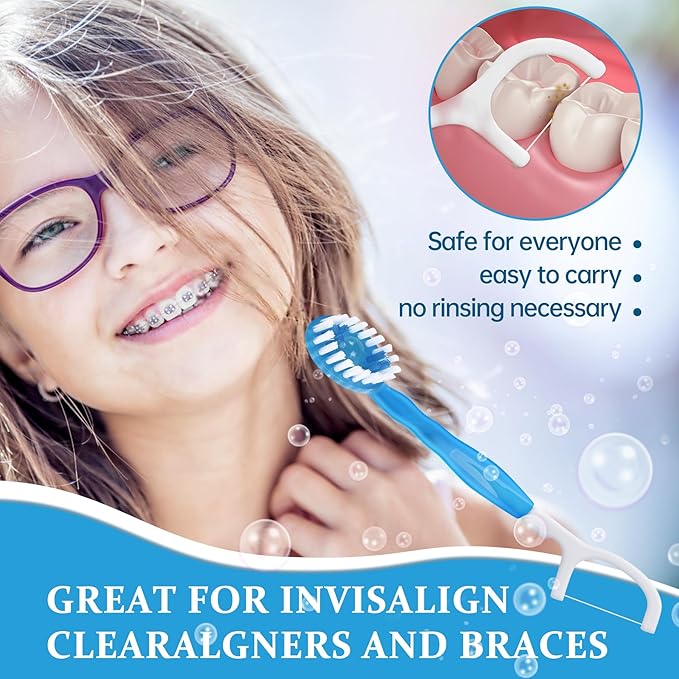20pcs 5 in 1 Disposable Mini Toothbrush with Toothpaste + Floss + Pick + Tongue Scraper | Travel Size | Individually Wrapped | Soft | Mint | Travel Set | Oral Care (2)