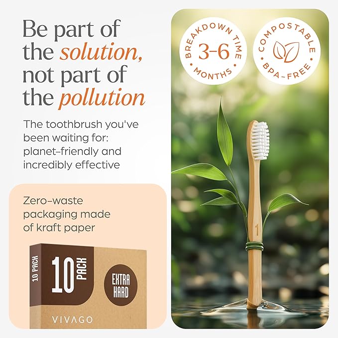 Extra Hard Toothbrushes for Adults - 10 Pack - BPA Free Hard Bristle Toothbrush - Extra Firm Bamboo Toothbrushes