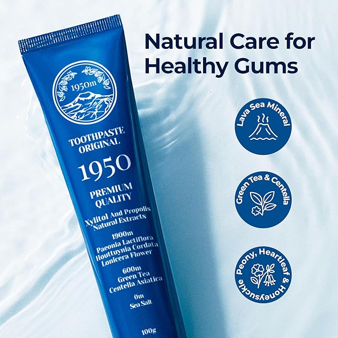 1950 Mineral Salt Blue Toothpaste - Whitening Toothpaste for Sensitive Teeth - Jeju Lava Seawater Salt with Hydroxyapatite for Gum Care, Fluoride Free, Green Tea Freshness, SLS Free (3.5 oz)