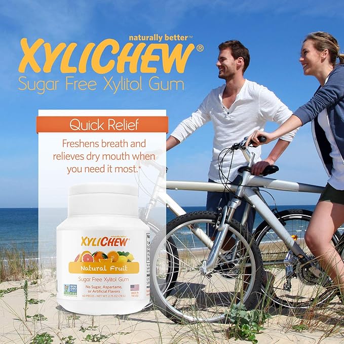 Xylichew 100% Xylitol Chewing Gum - Non GMO, Non Aspartame, Gluten Free, and Sugar Free Gum - Natural Oral Care, Relieves Bad Breath and Dry Mouth - Fruit,60 Count (Pack of 4), 240 Count