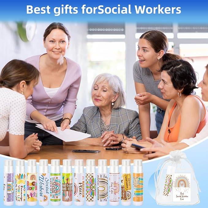 36 Set Social Worker Gift Bulk Lip Balm Inspirational Quote Tag Organza Bag School Social Worker Appreciation Gift for Women Employee Volunteer BSW NSW MS Valentine's Day Birthday Supplies