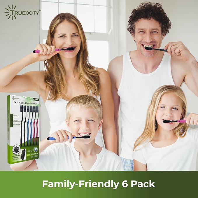 Charcoal Toothbrush 6 Pack, Natural Teeth Whitening Solution - Ultra Soft Tooth Brush - Gentle, Slim Brush Head - Black Toothbrushes for Adults Working Great with Activated Charcoal Toothpaste