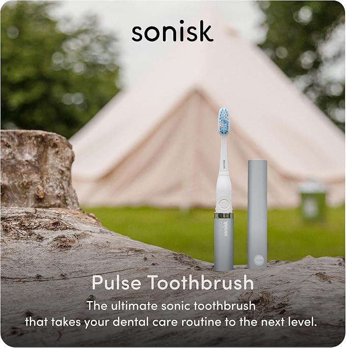Sonisk Pulse | Battery Powered Electric Toothbrush | Sonic Technology | 1x Battery, 2X Brush Heads, 1x Travel Case Included | 31,000 Strokes Per Minute | Portable Size | Metallic Silver