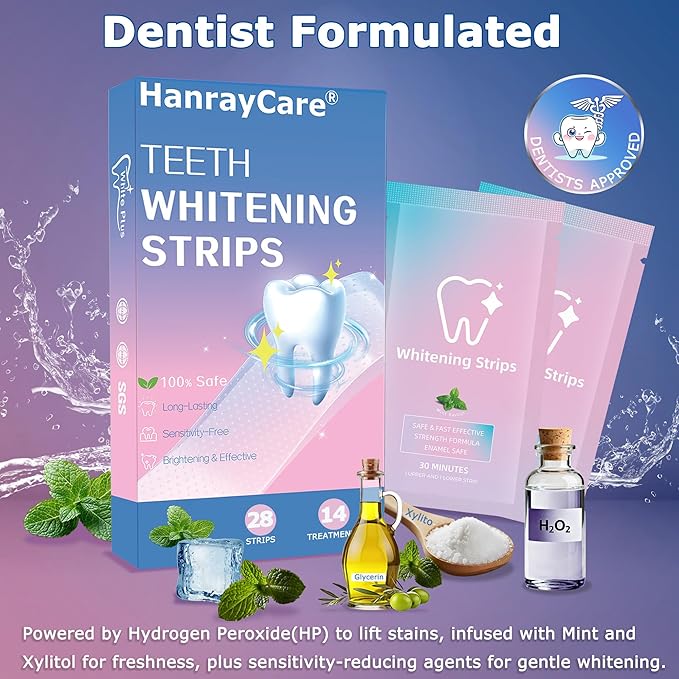 Premium Teeth Whitening Strips, Ultra-Thin, No Residue, Non-Slip, Enamel-Safe, Dentist Formulated for Professional Whitening at Home, 30-Min Fast Results, Deep Stains Removal Efficiently
