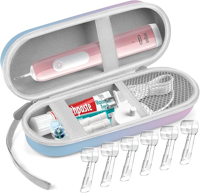 Electric Toothbrush Travel Case, Hard Storage Case with 6pcs Cover Caps, Fits for Oral-B/Oral-B Pro/Philips Sonicare Electric Toothbrush, Gradient