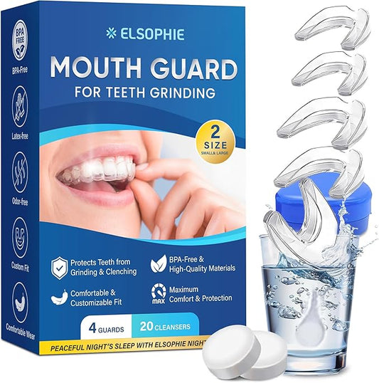 Mouth Guard for Grinding Teeth at Night: Night Teeth Grinding Guard Night Guards for Teeth Clenching Custom Fit for Nighttime Protection 4 Pack + 20 Cleansing Tablets