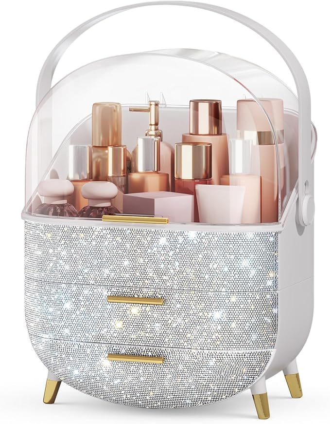 Bling Makeup Organizers, Cosmetic Display Case with Clear Cover, Vanity Makeup Organizers for Lipstick Perfume Lotion and Skincare, Silver Diamond