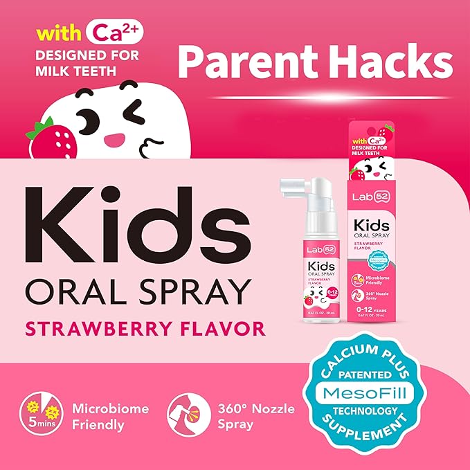 LAB52 Kids Oral Spray Gift Box, Toddler Toothpaste Helper for Daily Oral Care and Fresh Breath, Children Approved with Fluoride Free for Newborn to Preschoolers, Xylitol Strawberry Flavor (3 Packs)