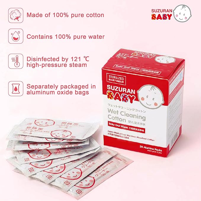 Baby Mouth Wipes Cotton Pure Water, Baby Finger Toothbrush Newborn Unscented Sensitive, Lint Free, Baby Oral Care For Baby Gums, Teeth and Tongue Cleaning, Individually Wrapped 120 Packs
