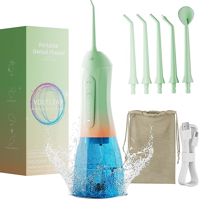 Water Flossers for Teeth, Electric Floss for Adults & Kids, Water Dental Picks, Cleaning and Flossing, Portable Flossers for Travel Size, Gums, Dental Care with Travel Bag, Waterproof - Green/Pink